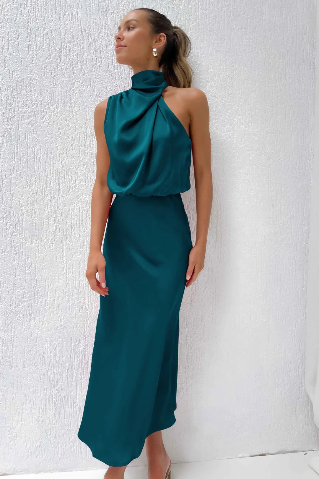 Amora™ | Luxurious Satin Halter Neck Dress