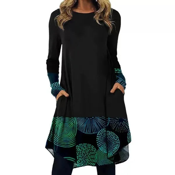 Hazel™ | Artistic Abstract Print Long-Sleeve Dress