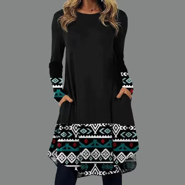 Hazel™ | Artistic Abstract Print Long-Sleeve Dress