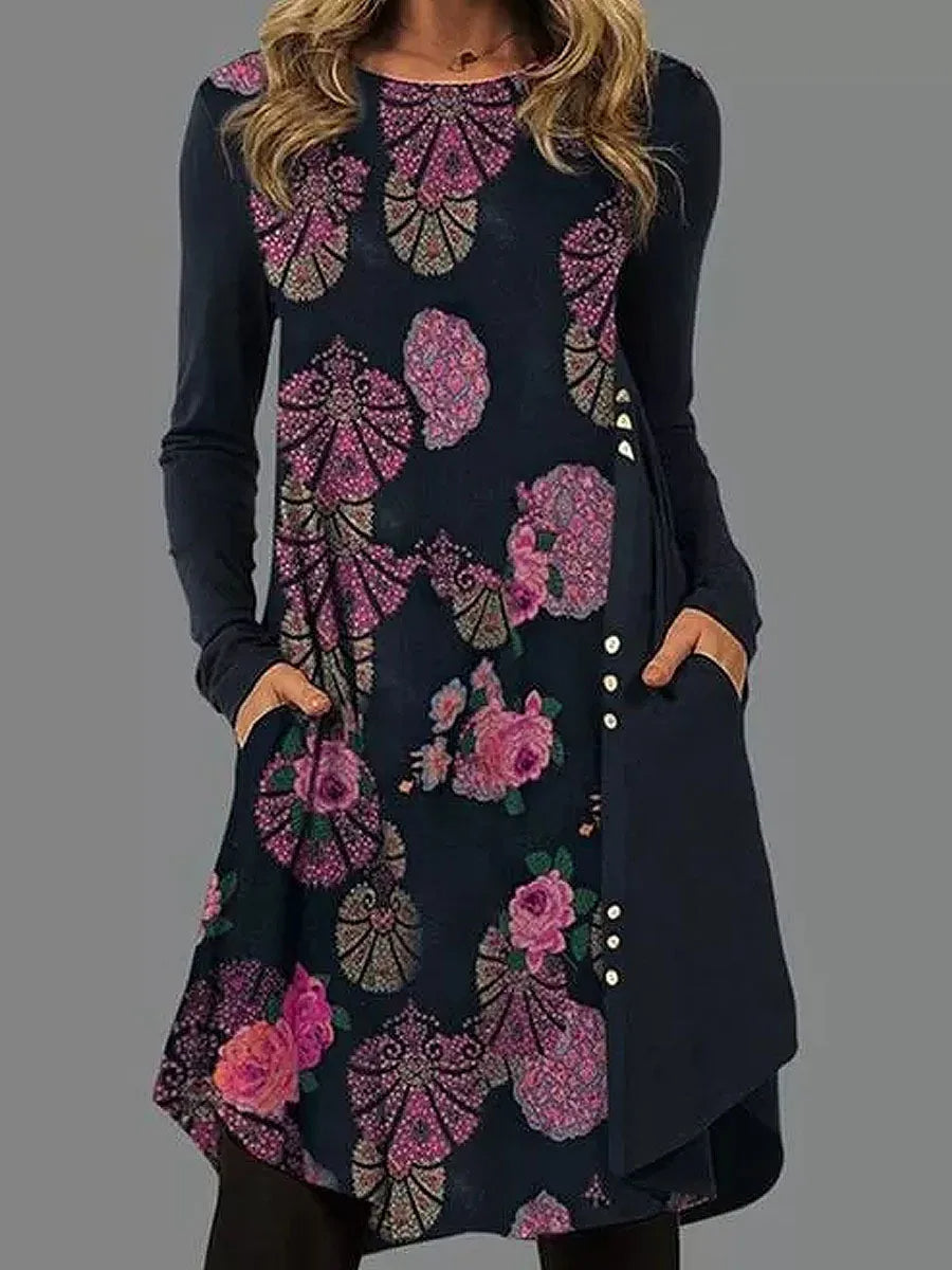 Hazel™ | Artistic Abstract Print Long-Sleeve Dress