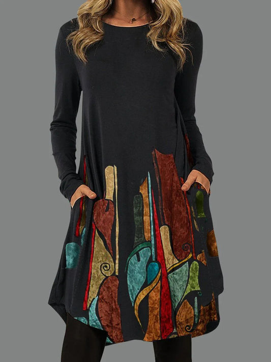 Hazel™ | Artistic Abstract Print Long-Sleeve Dress