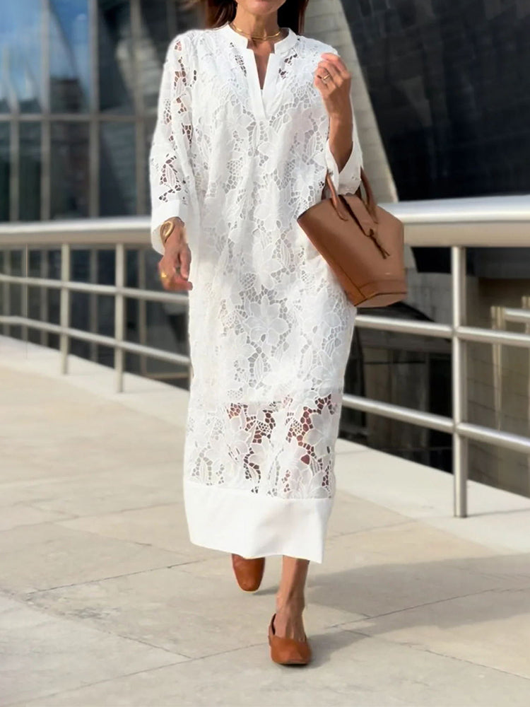 Sela™ | Graceful White Lace Midi Dress