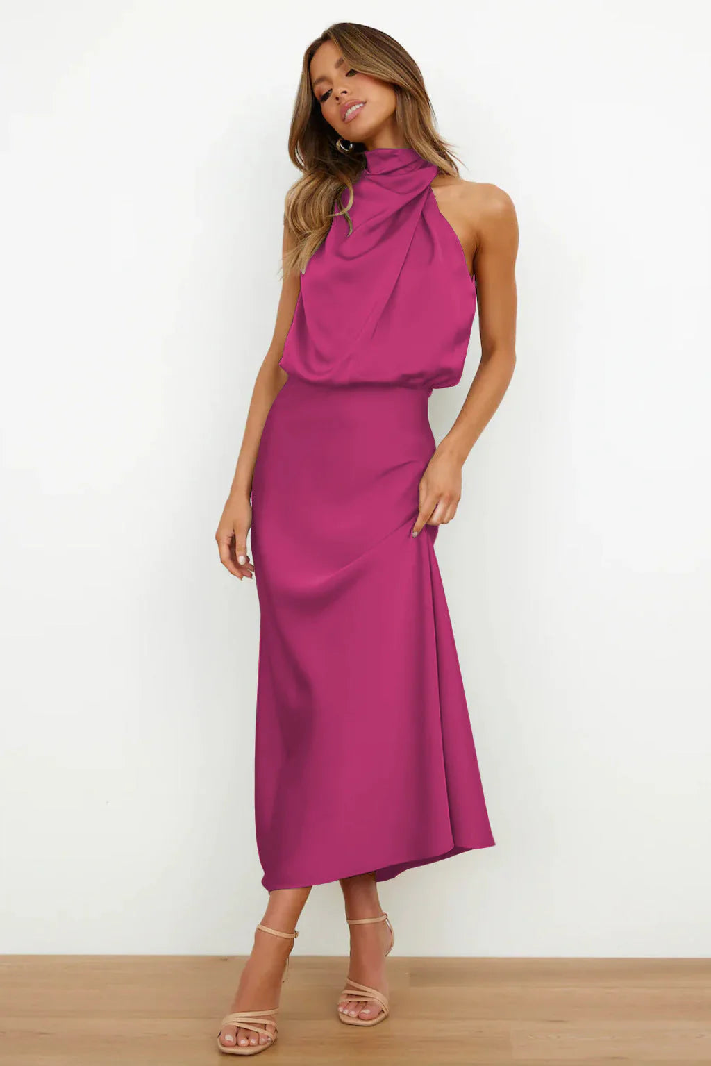 Amora™ | Luxurious Satin Halter Neck Dress