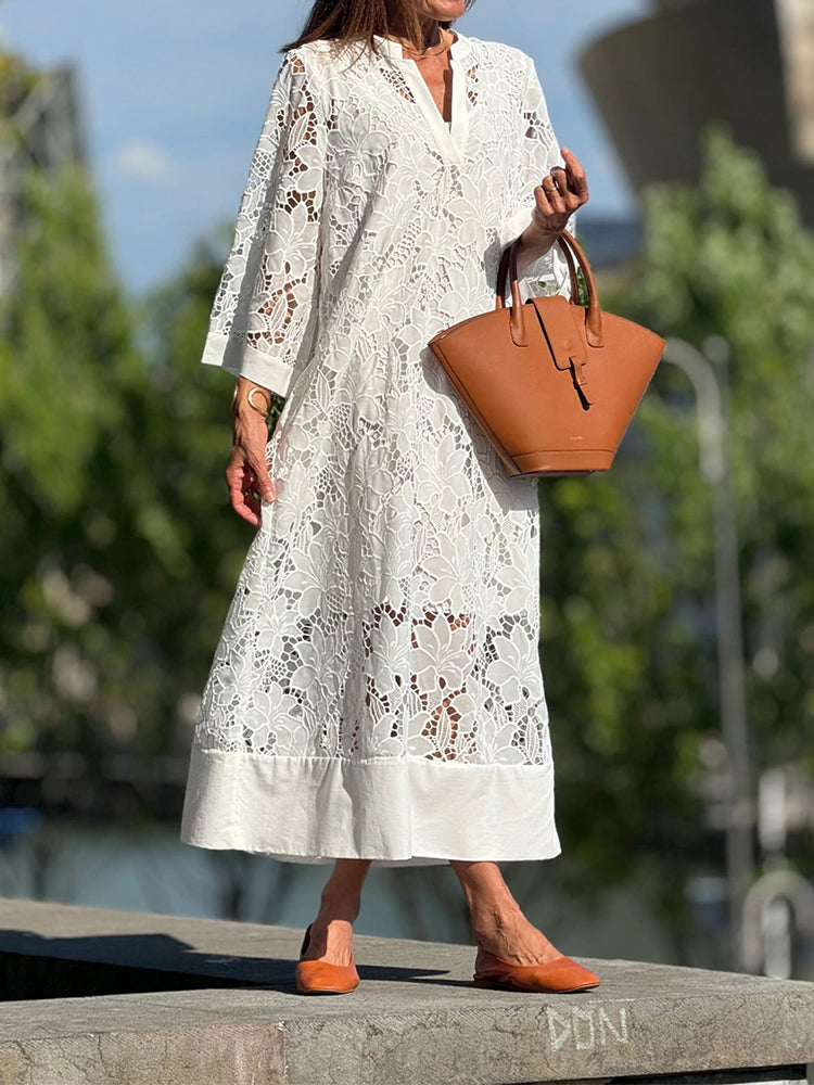 Sela™ | Graceful White Lace Midi Dress