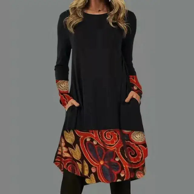 Hazel™ | Artistic Abstract Print Long-Sleeve Dress