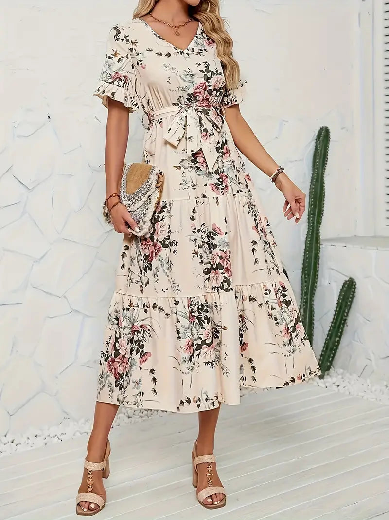 Dakota™ | Layered Floral Print Dress with Belt