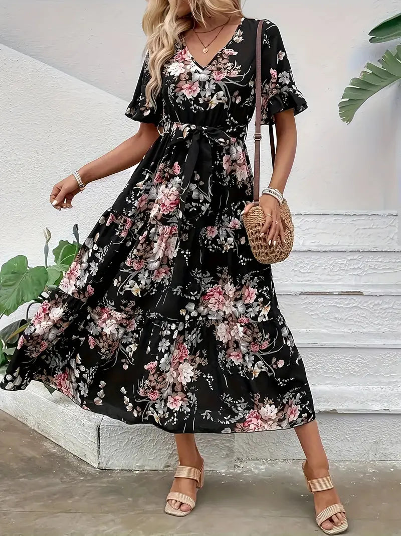 Dakota™ | Layered Floral Print Dress with Belt