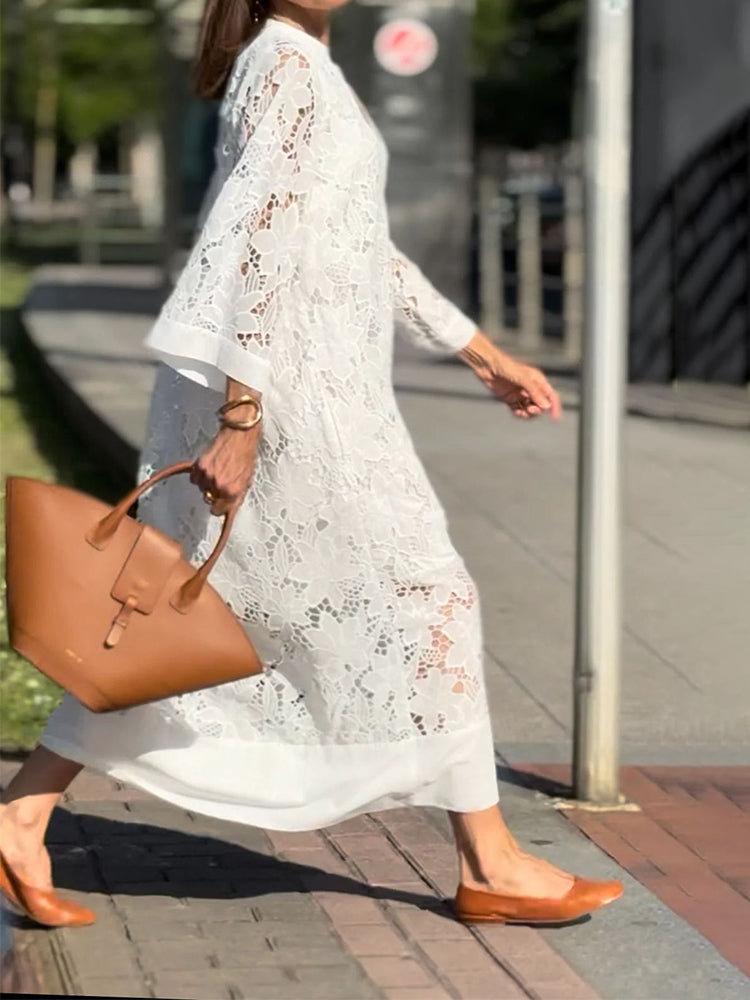 Sela™ | Graceful White Lace Midi Dress