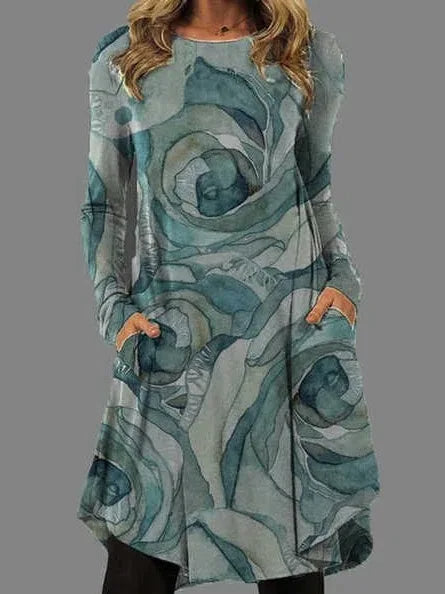 Hazel™ | Artistic Abstract Print Long-Sleeve Dress