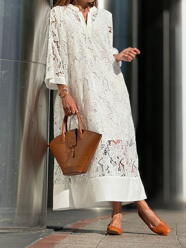 Sela™ | Graceful White Lace Midi Dress