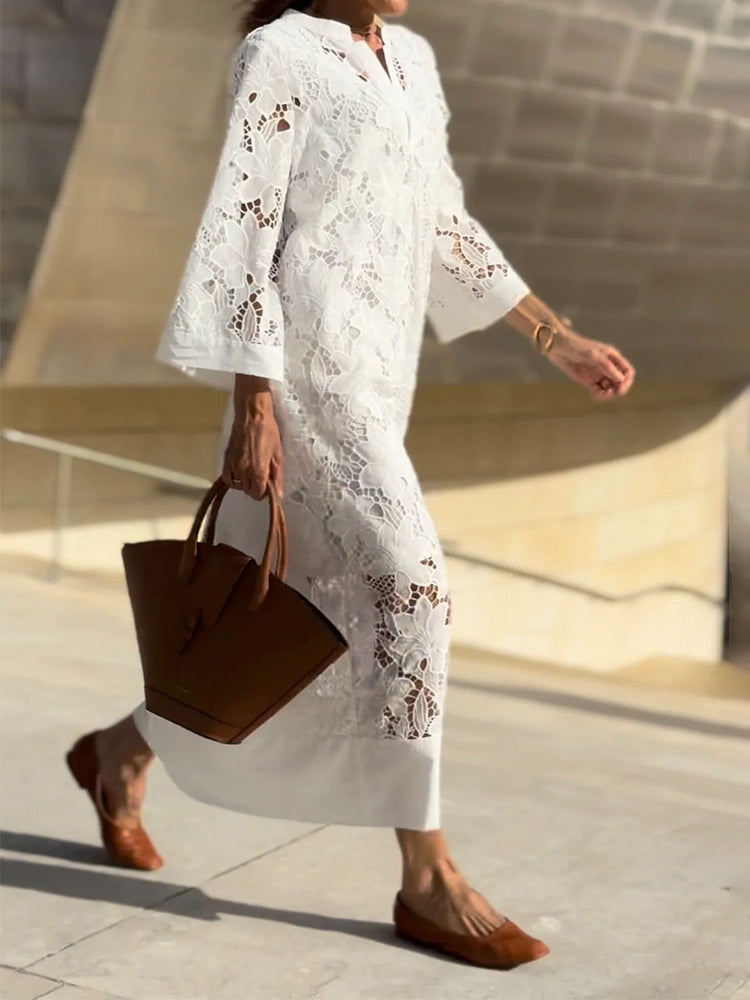 Sela™ | Graceful White Lace Midi Dress