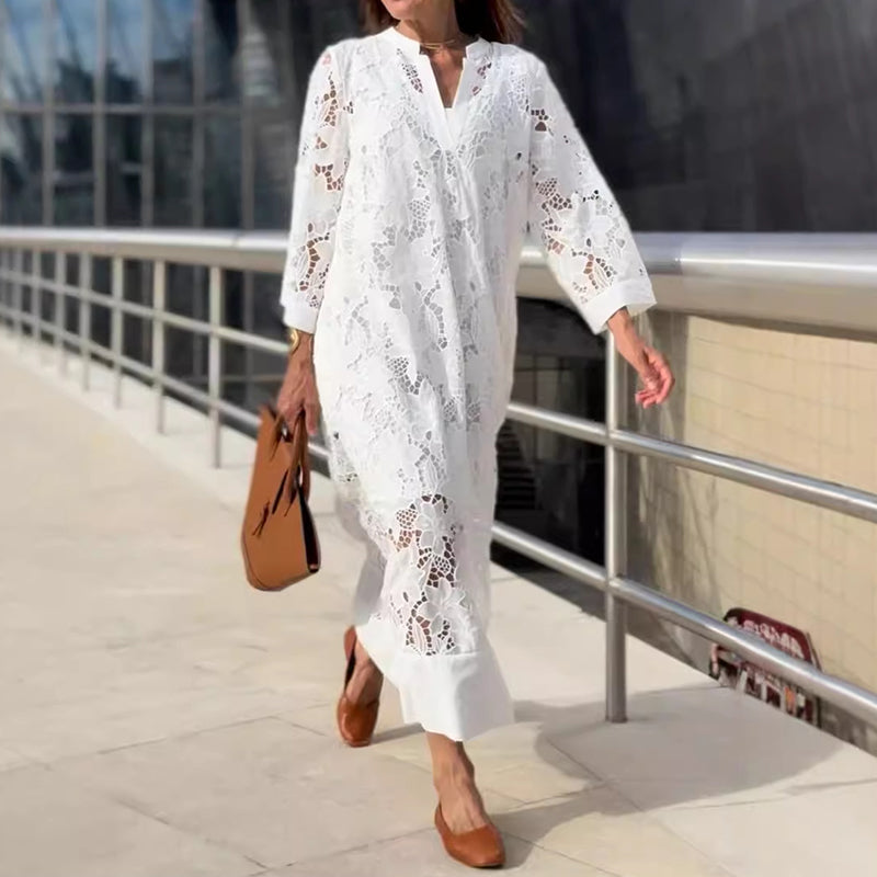 Sela™ | Graceful White Lace Midi Dress