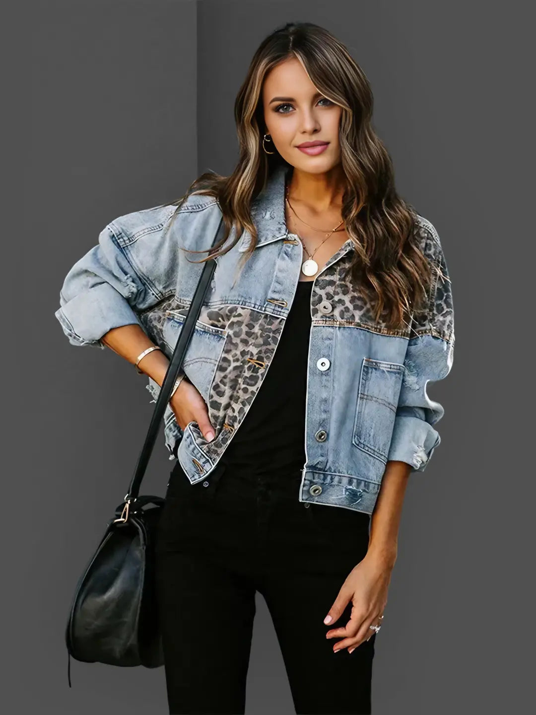 Natalie™ | Leopard Accent Denim Jacket