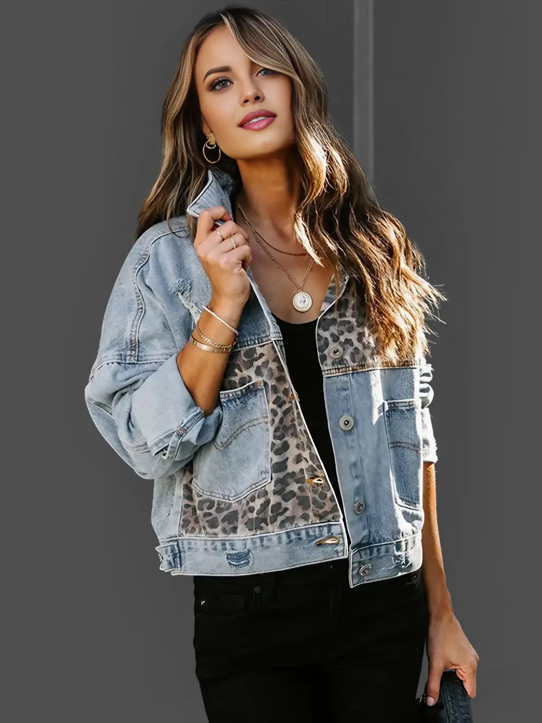 Natalie™ | Leopard Accent Denim Jacket