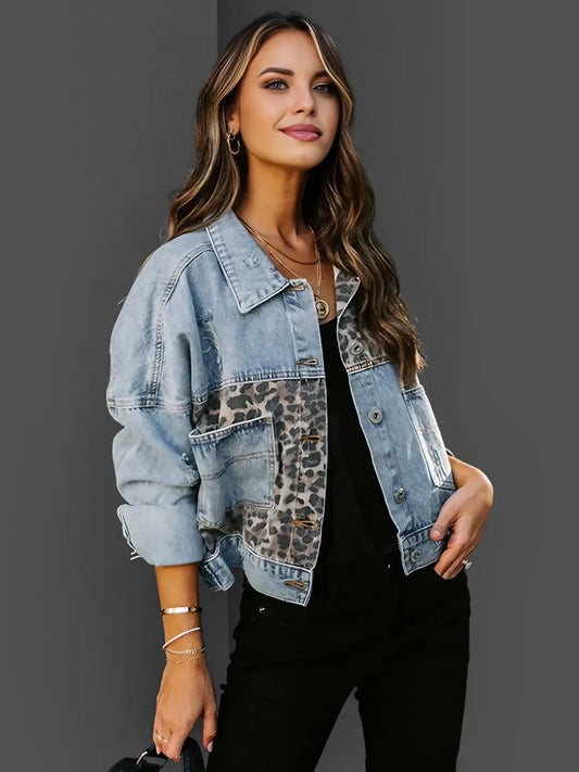 Natalie™ | Leopard Accent Denim Jacket