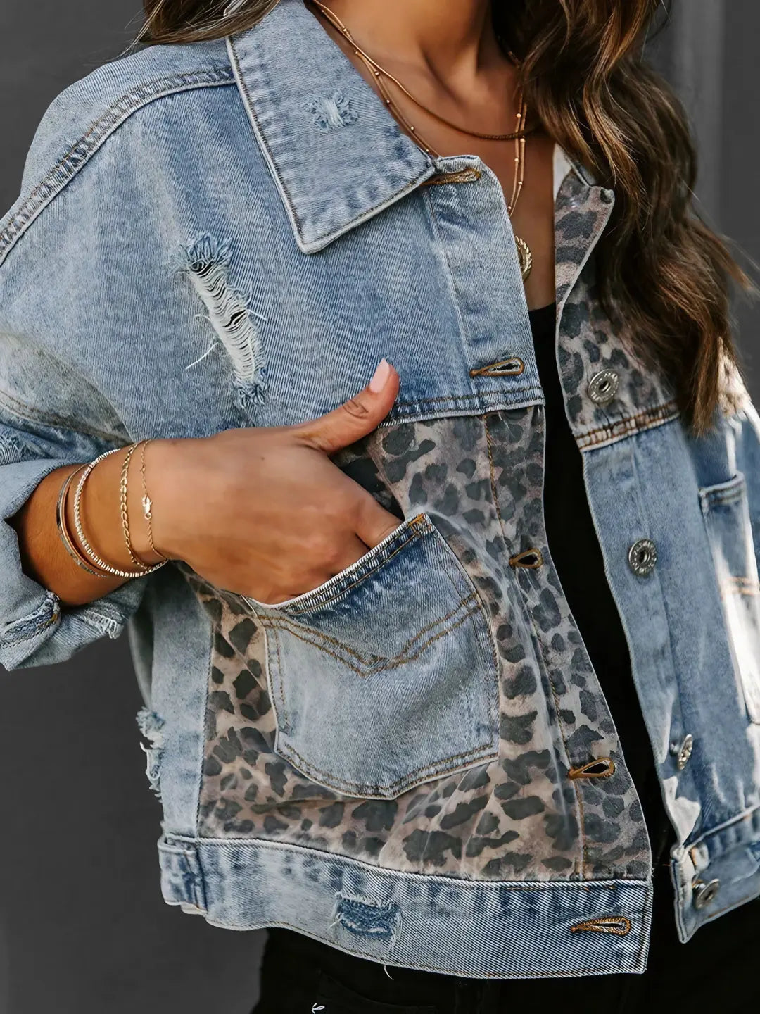 Natalie™ | Leopard Accent Denim Jacket