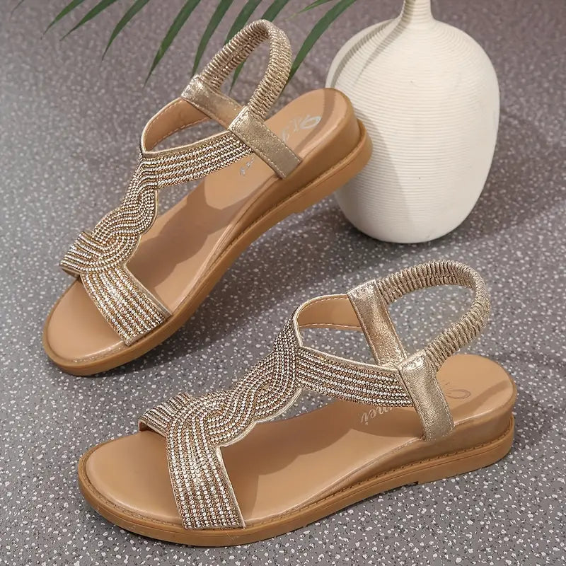 Kate™  | Women’s Elastic Strap Rhinestone Flat Sandals