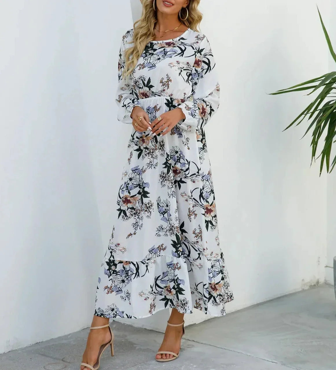 Lyka™ | Elegant Floral Long-Sleeve Midi Dress